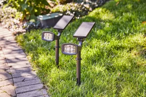 The solar-powered path lights illuminate the garden pathway, providing a sustainable and charming lighting solution for summer evenings.