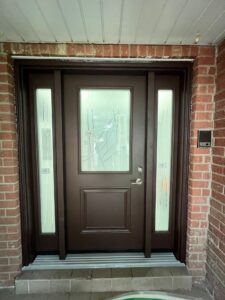 A stylish brown fiberglass door with a sleek design, showcasing its durability and aesthetic appeal