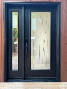 Close-up of a modern fiberglass door featuring a sleek finish and stylish design, showcasing its durability and aesthetic appeal.