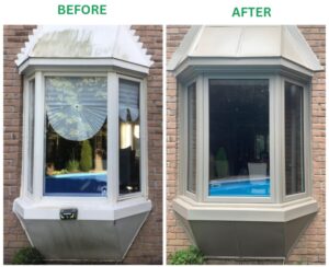 Before and after of a home's windows, showing the upgrade to brickmold windows with enhanced trim and a polished, modern look.